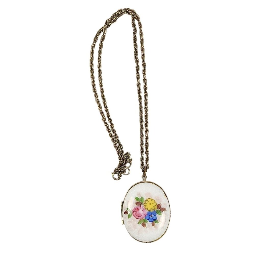 Vintage Enamel Floral Oval Locket Necklace With 24" Long Chain Gold Tone - Picture 1 of 8
